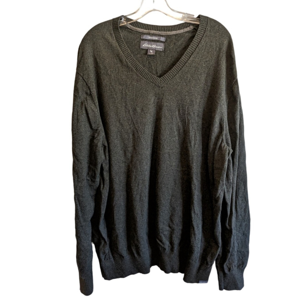 Eddie Bauer Sweater Men 2XL Cotton Merino Wool Long Sleeve V Neck Pullover Gray